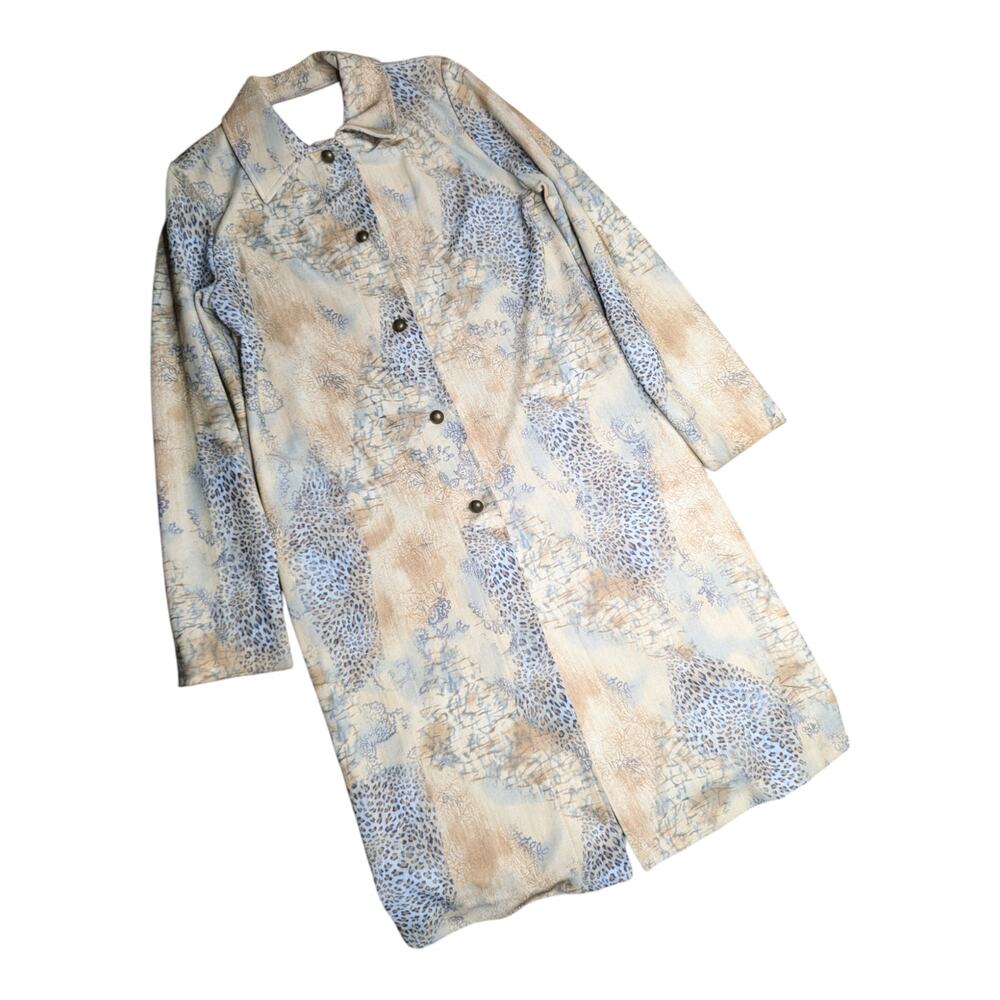 Vtg Y2K Weekenders Ivory Blue Leopard Print Longline Collared Duster Jacket XS